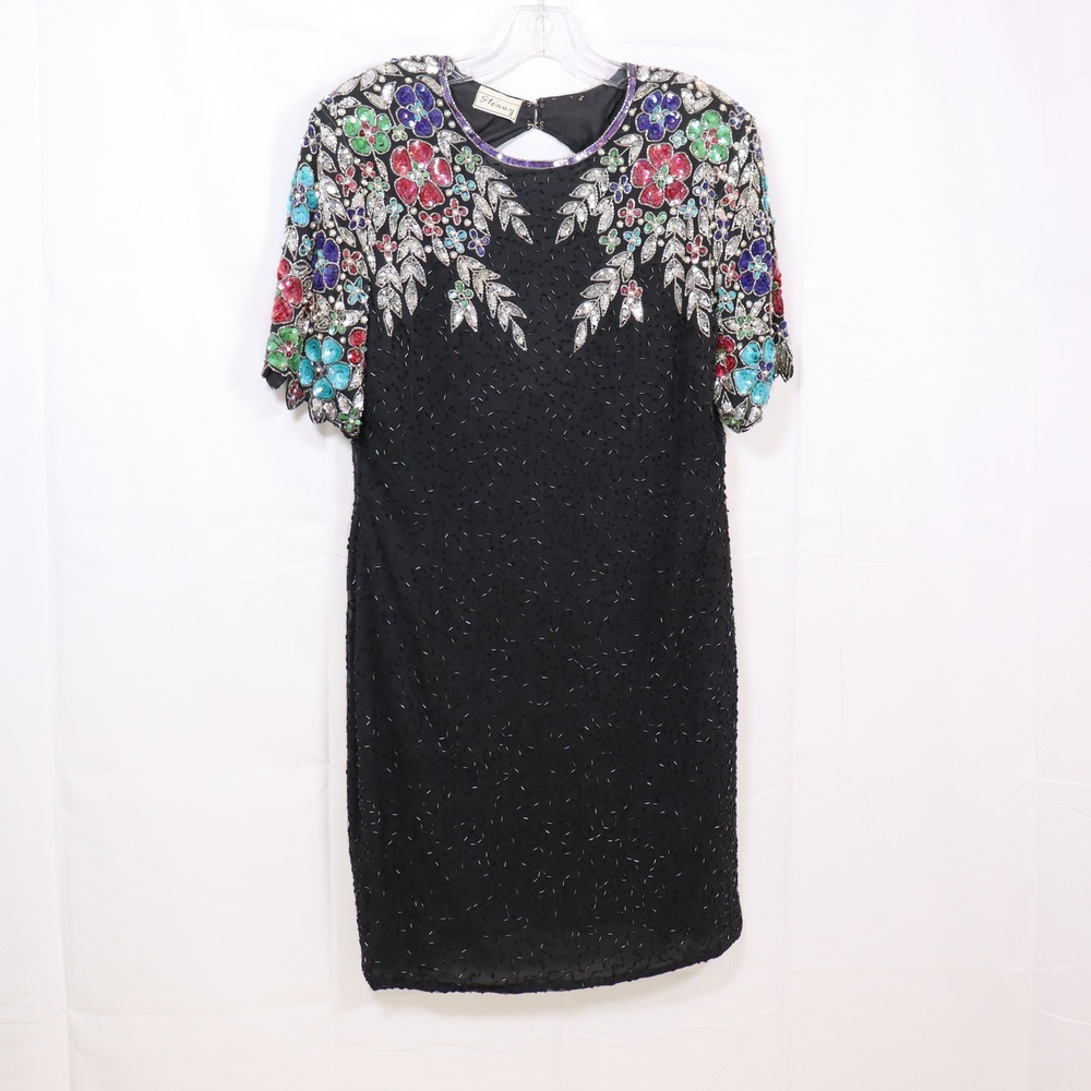 Stenay Beaded Silk Dress L Black Womens Floral Sequin Cocktail Party